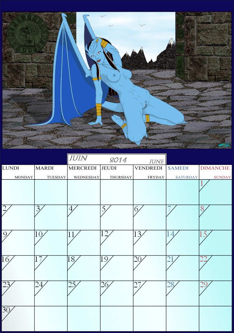 2014 breasts calendar calendar_graphic disney e621 fab3716 female gargoyles genitals irl_trace june_(month) nipples nude pinup pose solo turquesa vulva