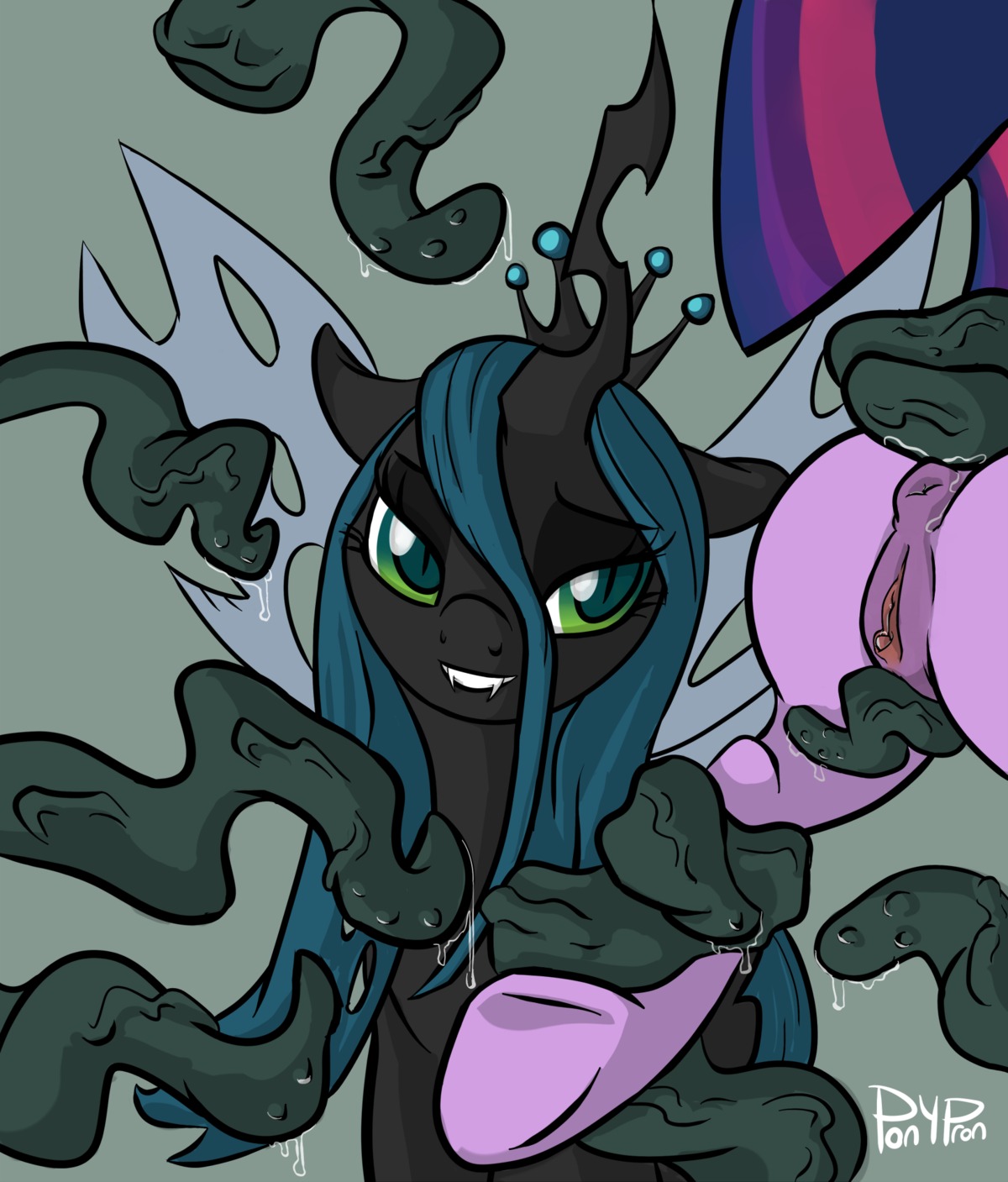 2014 anus arthropod changeling_(mlp) clitoris consentacles duo e621 equid equine female friendship_is_magic fur genitals hair hasbro hi_res horn horse insect_wings mammal multicolored_hair my_little_pony pony ponypron purple_body purple_fur purple_hair queen_chrysalis_(mlp) sex tentacles twilight_sparkle_(mlp) two_tone_hair vulva wings