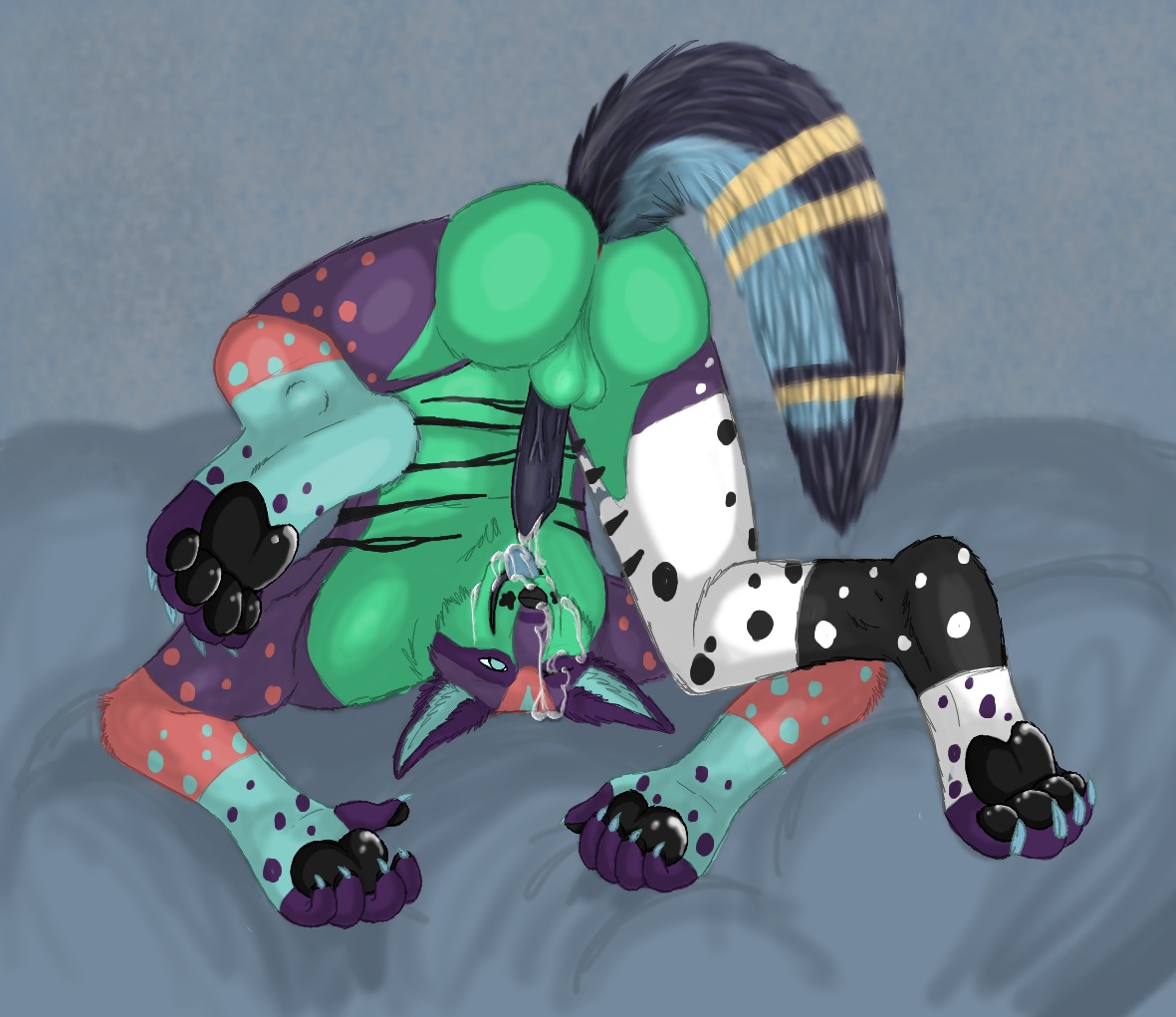anthro auto_penis_lick autofellatio backsack balls basillicus black_body black_fur black_pawpads blue_body blue_countershading blue_eyes blue_fur blue_markings bodily_fluids butt canid canine canis chalky_(basillicus) colorful_theme countershade_face countershade_tail countershade_torso countershading cum cum_drip cum_in_mouth cum_in_own_mouth cum_in_self cum_inside cum_on_face cum_on_own_face cum_on_own_tongue cum_on_penis cum_on_self cum_on_tongue digital_media_(artwork) dipstick_tail dripping e621 erection featureless_chest feet fingerless_(marking) flexible full-length_portrait fur genital_fluids genitals gloves_(marking) green_body green_countershading grey_background hindpaw leg_markings licking looking_at_viewer looking_through looking_through_legs male mammal markings masturbation multicolored_tail nude one_eye_closed oral oral_masturbation orange_body orange_fur orgasm pawpads paws penile penile_masturbation penis portrait purple_body purple_fur ring_(marking) ringed_tail self_lick shoulder_stand simple_background socks_(marking) solo sparklefur spots striped_markings striped_tail stripes tail tail_markings toeless_(marking) tongue tongue_out upside_down white_body white_fur wolf