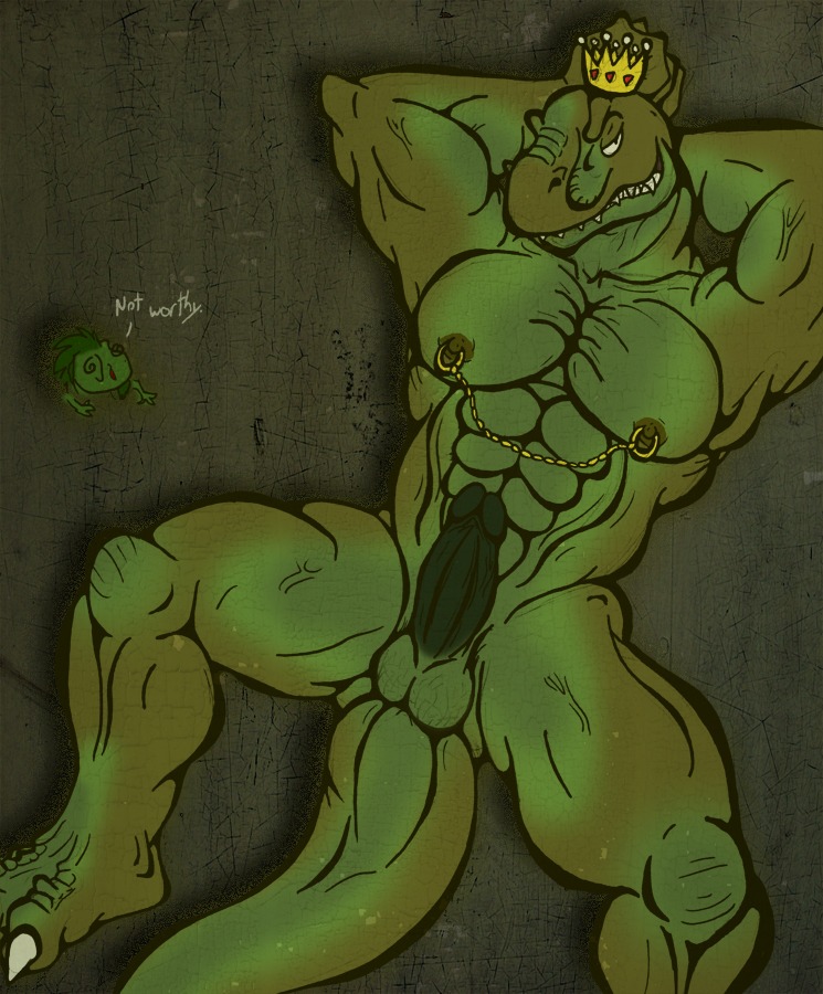2010 anthro balls biceps big_muscles big_penis claws crown darkened_genitalia darkened_penis digitigrade dinosaur e621 erection fangs genitals grin headgear larathen looking_at_viewer male muscular muscular_anthro muscular_male nipple_piercing nipples pecs penis piercing pose prehistoric_species presenting reptile royalty scalie smile solo tail teeth text vein