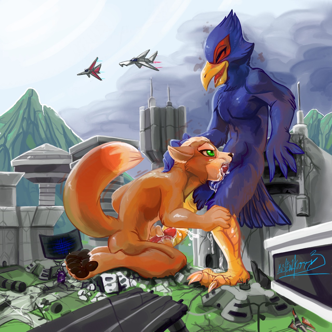 1:1 anthro anthro_on_anthro avian balls beak bird blue_body blue_feathers bodily_fluids building canid canine cum duo e621 erection evilkitty3 falco_lombardi feathers fellatio fox fox_mccloud genital_fluids genitals hi_res humanoid_genitalia humanoid_penis interspecies macro macro_on_macro male male/male male_penetrated male_penetrating male_penetrating_male mammal masturbation nintendo oral oral_penetration penetration penile penile_masturbation penis sex star_fox tail
