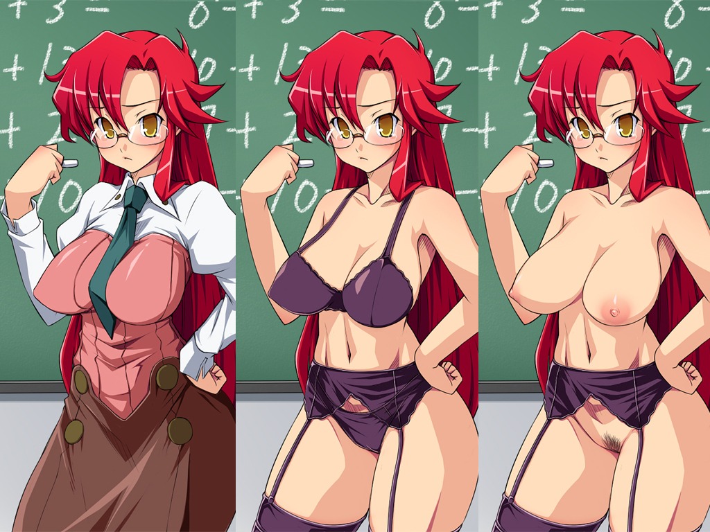 1girls areolae bra breasts clothing erect_nipples female female_pubic_hair garter_belt glasses large_breasts nipples panties pubic_hair pussy red_hair rule34 solo tagme teacher tengen_toppa_gurren_lagann undressing yoko_littner yomako