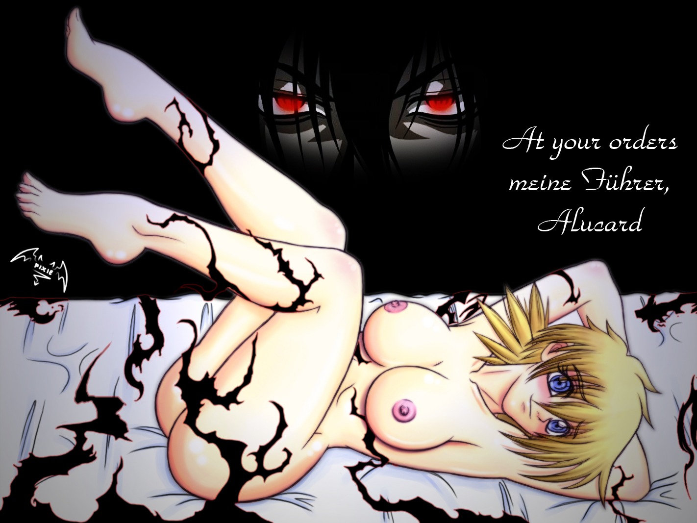 1boy 1girls alucard_(hellsing) barefoot blonde_hair blue_eyes breasts feet female hellsing male nipples nude pixie_van_winkle rule34 seras_victoria short_hair solo