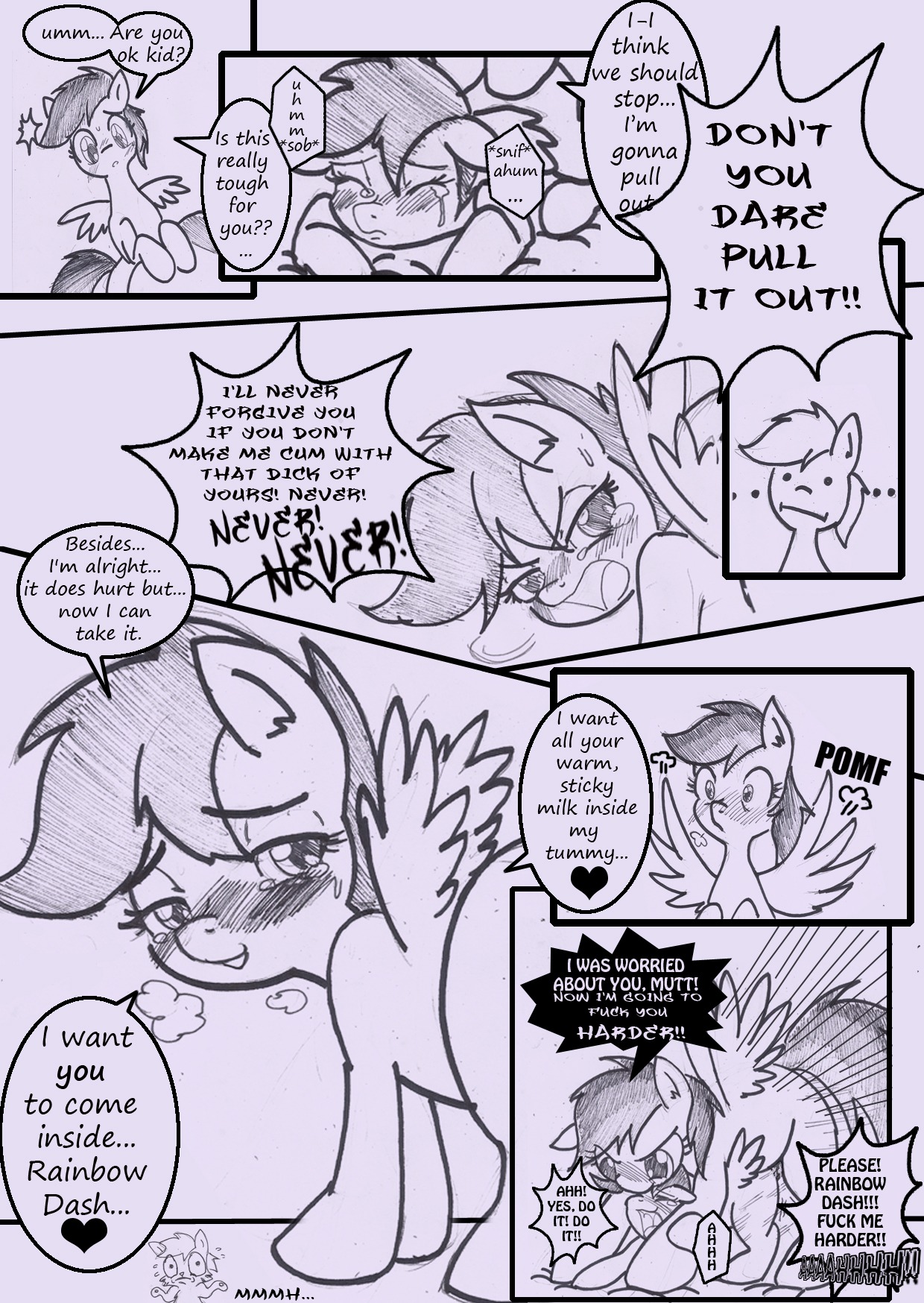 2013 anibaruthecat black_and_white blush bodily_fluids comic crying dialogue duo e621 english_text equid equine eyes_closed feathered_wings feathers female feral friendship_is_magic gynomorph gynomorph/female half-closed_eyes hasbro heart_symbol hi_res intersex intersex/female mammal monochrome my_little_pony mythological_creature mythological_equine mythology narrowed_eyes pegasus profanity rainbow_dash_(mlp) scootaloo_(mlp) sex sketch standing sweat tears text traditional_media_(artwork) wing_boner wings young young_feral