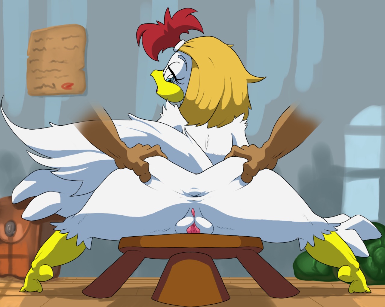 anthro anus avian beak big_butt bird blue_eyes butt chicken cm_august disembodied_hand duo e621 eto_rangers feathers female female_focus galliform genitals grope looking_back open_mouth phasianid sitting solo_focus spread_legs spreading tail tart_(eto_rangers) vulva white_body white_feathers