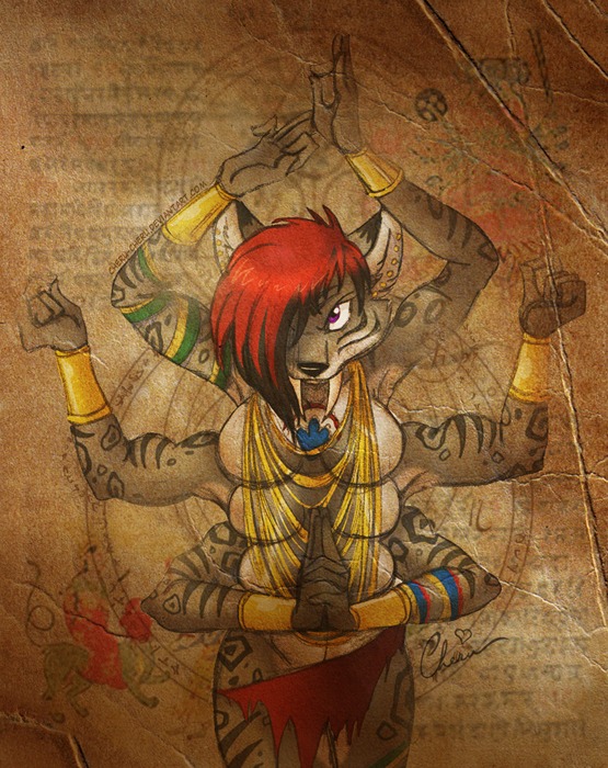 6_arms 6_breasts anthro breasts cherushi clothed clothing e621 fangs felid female mammal multi_arm multi_breast multi_limb multifur prehistoric_species saber-toothed_tiger sabertooth_(anatomy) solo teeth