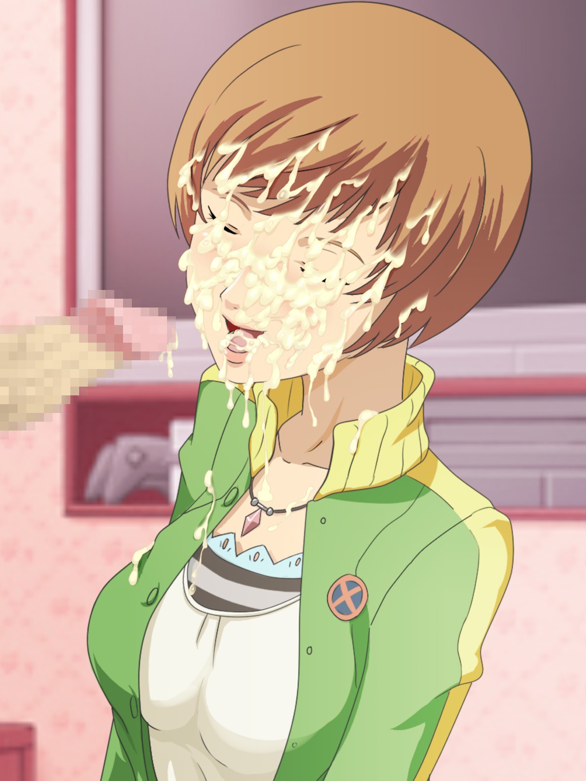 1boy 1girls atlus brown_hair bukkake closed_eyes cum cum_on_brown_hair cum_on_closed_eye cum_on_closed_eyes cum_on_clothes cum_on_face cum_on_hair facial female highres kamishakujii_(poppenheim) male penis persona persona_4 poppenhaimu rule34 satonaka_chie short_brown_hair short_hair tongue