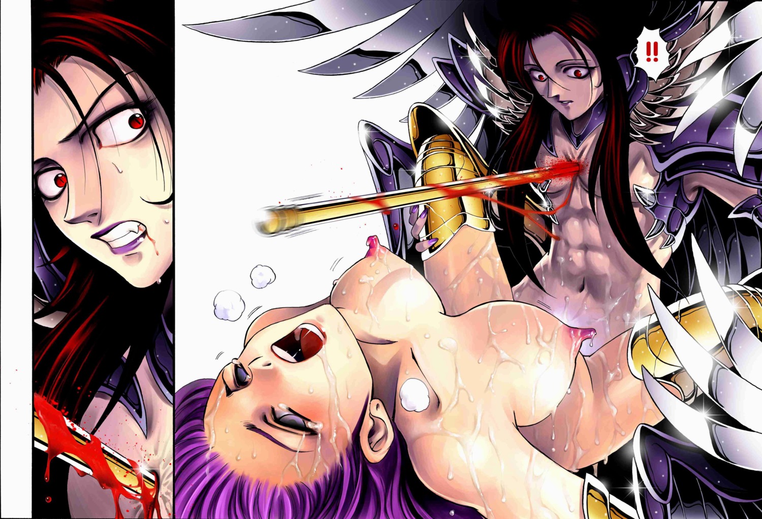 1boy 1girls ahe_gao ahegao athena_(saint_seiya) blood breasts cum cum_on_body cum_on_breasts cum_on_face erect_nipples eyes_rolling_back female god goddess hades_(saint_seiya) highres impaled long_hair male nipples nude purple_hair rape red_eyes rule34 saint_seiya saori_kido shounen_jump spear sweat