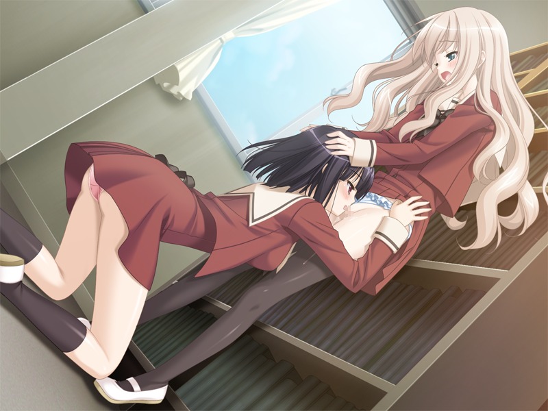 2girls black_hair blonde_hair blue_eyes blush censored cunnilingus female female_only game_cg hand_on_head kawamura_reo knighthood library long_hair multiple_females multiple_girls oral panties peko pussy pussy_juice red_eyes rule34 sawaguchi_mai school_uniform short_hair sono_hanabira_ni_kuchizuke_wo standing_yuri thighhighs underwear upskirt yuri