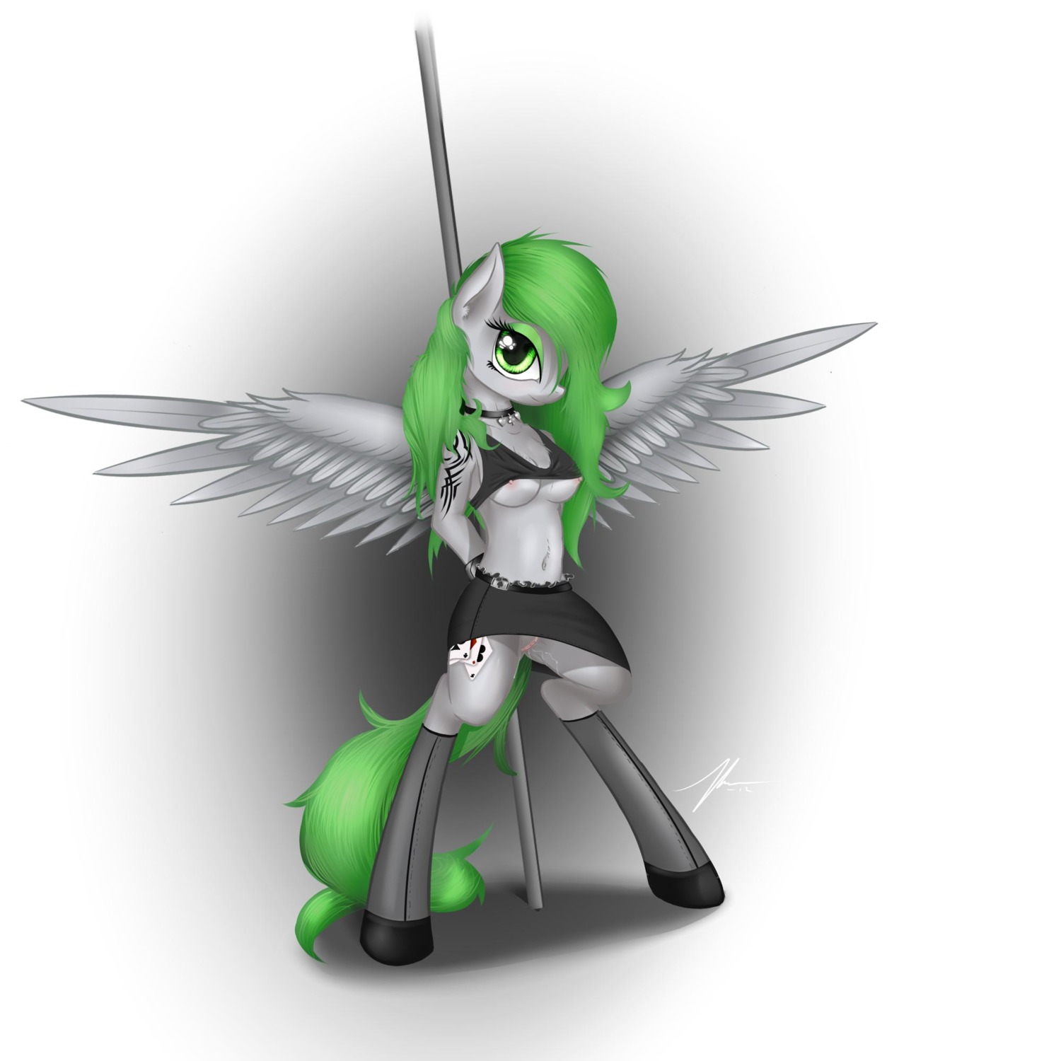 1:1 2012 anthro anthrofied bodily_fluids bottomwear breasts clothed clothing collar cutie_mark e621 equid equine fan_character feathered_wings feathers female genital_fluids genitals green_eyes green_hair hair hasbro hi_res looking_at_viewer mammal my_little_pony mythological_creature mythological_equine mythology nipples no_underwear pegasus pole signature skirt solo tail under_boob vaginal_fluids vulva wings wreky
