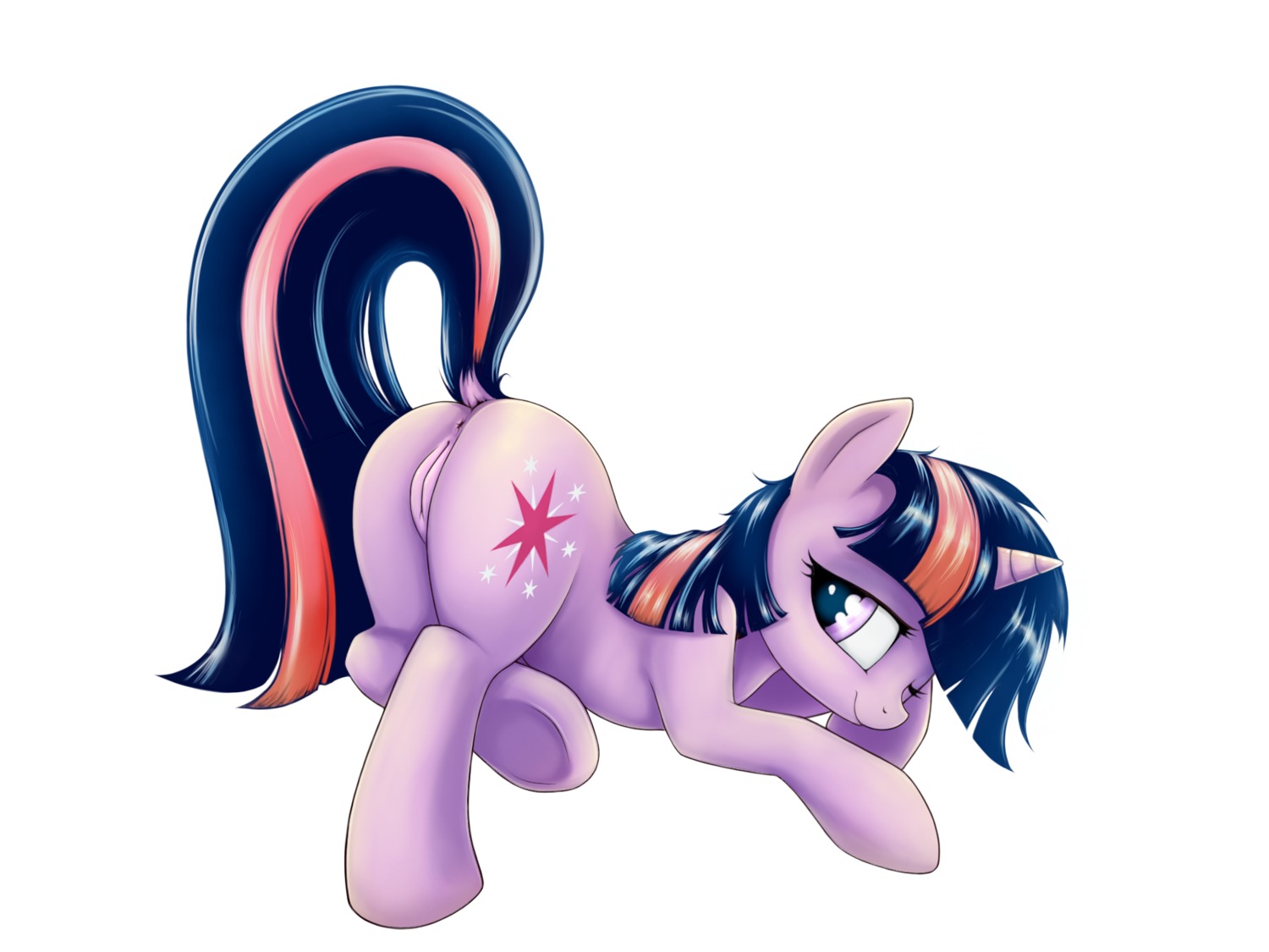2012 4:3 anus ass_up butt cutie_mark e621 equid equine female feral friendship_is_magic fur genitals hair hasbro hi_res horn long_hair looking_back mammal multicolored_hair my_little_pony mythological_creature mythological_equine mythology nude presenting presenting_hindquarters purple_body purple_eyes purple_fur purple_hair quadruped rainbow_(artist) simple_background smile solo tail twilight_sparkle_(mlp) two_tone_hair unicorn vulva white_background