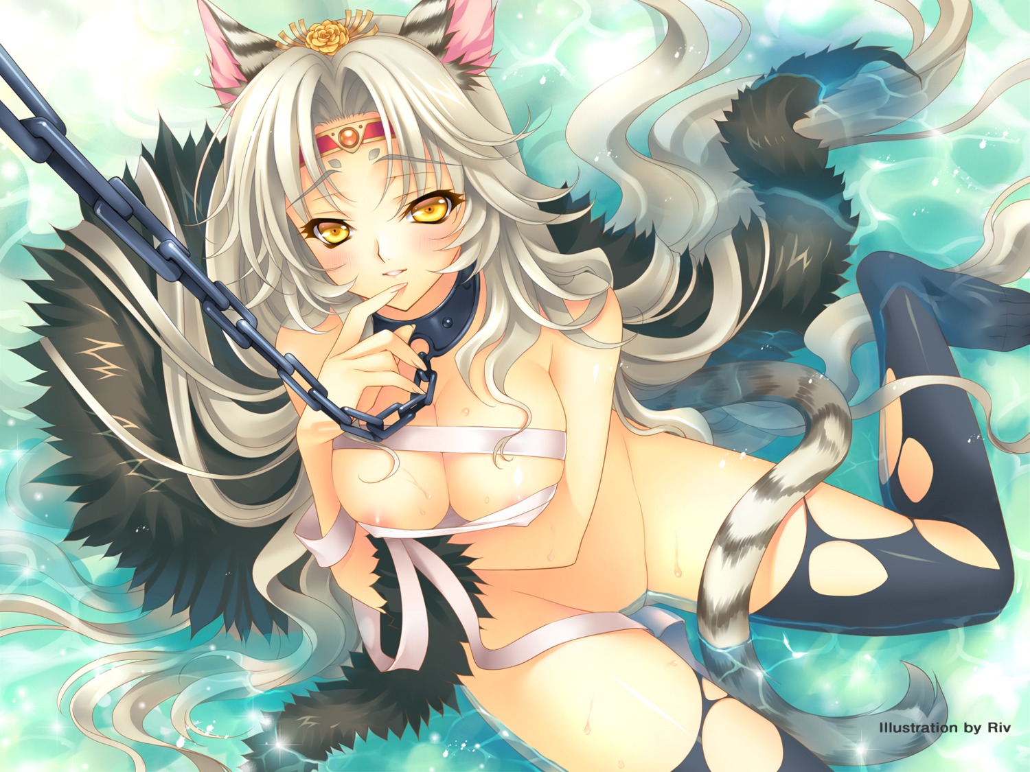 animal_ear female japanese_clothes katana long_hair nipples riv rule34 sword weapon white_hair yellow_eyes
