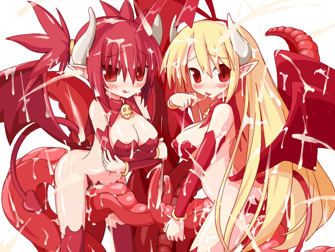 2d 2girls :p :q bat_wings biosuit blonde_hair breasts bukkake consensual_tentacles cum cum_on_hair demon demon_girl demon_tail demon_wings detached_sleeves devil disgaea disgaea_1 erect_nipples etna female flonne flonne_(fallen_angel) horns living_clothes long_hair multiple_females multiple_girls nakobasu naughty_face nipples nippon_ichi_software pointy_ears red_eyes red_hair rule34 succubus_(disgaea) tail tentacle tongue