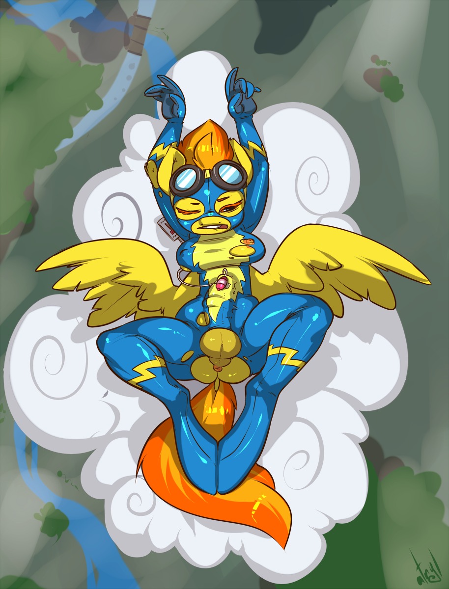 2014 animal_genitalia animal_penis anthro anthrofied anus atryl balls biped breasts bulge butt clothed clothing cloud digital_media_(artwork) e621 equid equine equine_genitalia equine_penis erection erection_under_clothing eyewear feathered_wings feathers friendship_is_magic fur genitals goggles gynomorph hair hasbro hi_res intersex lying mammal masturbation multicolored_hair my_little_pony mythological_creature mythological_equine mythology narrowed_eyes nipples on_back one_eye_closed orange_hair outside partially_clothed pegasus penile penile_masturbation penis sex_toy solo spitfire_(mlp) spread_legs spread_wings spreading squint suit torn_clothing two_tone_hair vibrator vibrator_on_penis wings wonderbolts_(mlp) yellow_body yellow_feathers yellow_fur