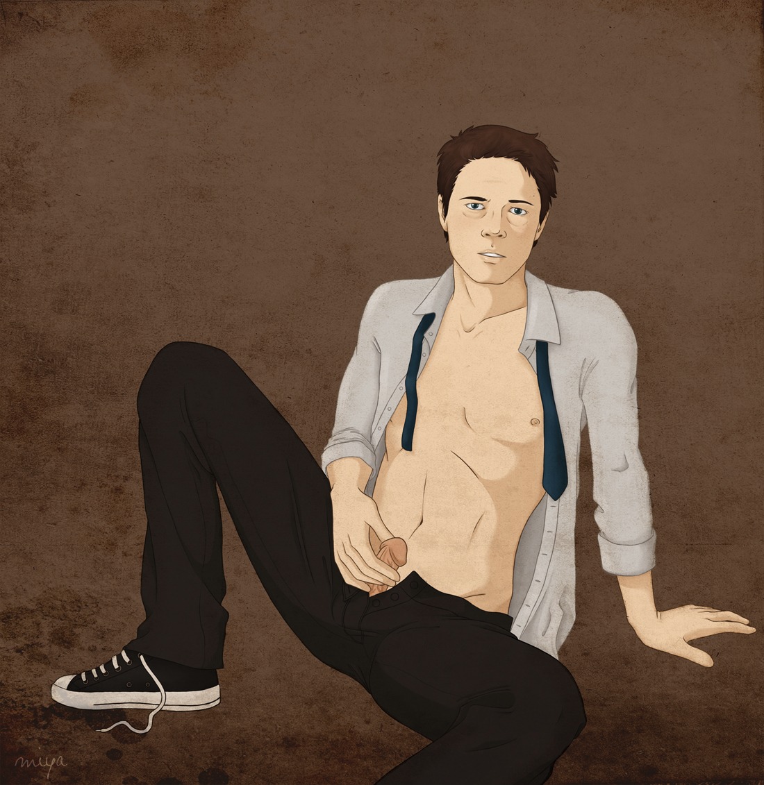 1boy actor angel artist_signature bara blue_eyes brown_hair castiel castiel_(supernatural) celebrity clothed light_skin looking_at_viewer male male_only masturbation misha_collins nipples open_shirt pants pants_open penis penis_grab penis_out rule34 shirt shoes sitting solo solo_male spread_legs supernatural supernatural_(series) tagme tie uncensored yaoi