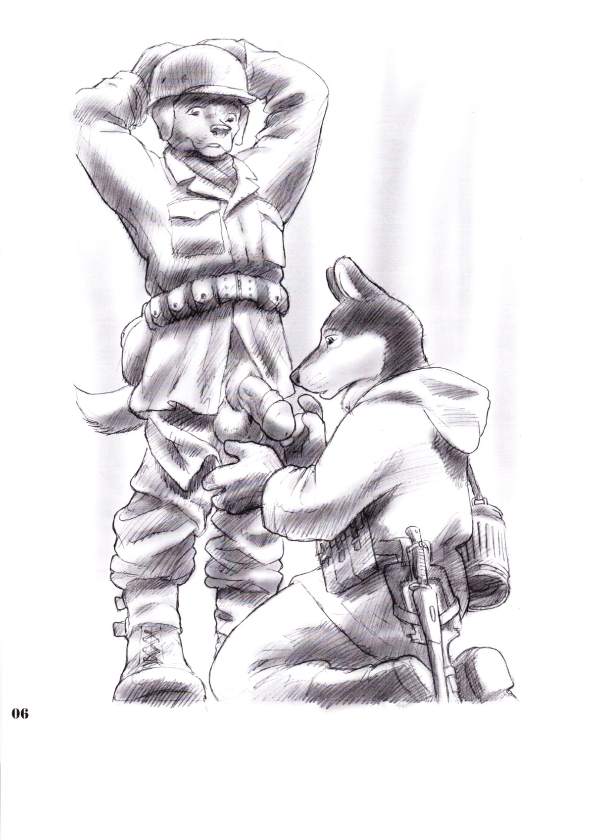 4_fingers animal_genitalia anthro armor athletic athletic_anthro athletic_male belt belt_pouch bird_dog bottomwear bottomwear_down canid canine canis clothed clothing comic domestic_dog duo e621 fingers forest front_view genitals german_shepherd gideon greyscale half-erect hands_above_head headgear helmet herding_dog hi_res humanoid_genitalia humanoid_penis hunting_dog kneeling labrador male male/male mammal military monochrome pants pants_down partially_clothed pastoral_dog penis plant retriever sheath side_view snout soldier standing tail tree utility_belt warrior