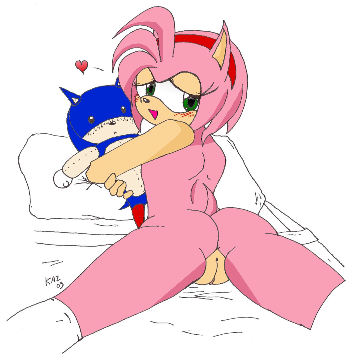 2009 amy_rose anthro blush female female_only flat_chest fur furry furry_only green_eyes hedgehog kaz nude on_stomach rule34 short_hair simple_background solo sonic_(series) spread_legs uncensored white_background