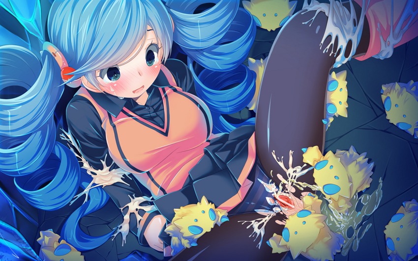 1girls ace_trainer_(pokemon) ace_trainer_(pokemon_bw) ambiguous_gender artist_request blue_hair blush boots female joltik mouth_open nintendo npc_trainer pokemon pokemon_bw pokephilia rule34 sweat tagme torn_clothes twintails