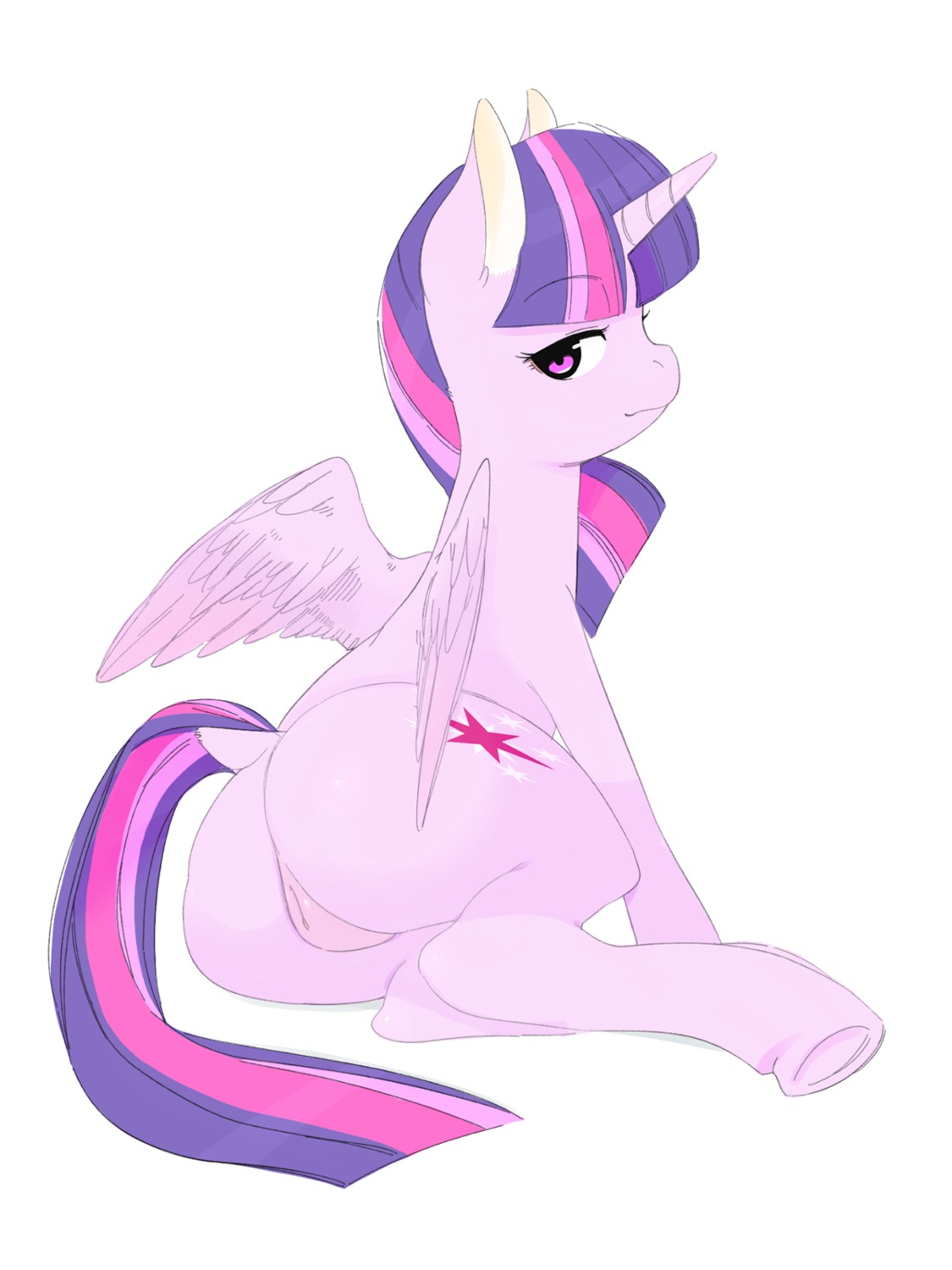 2014 3:4 butt cutie_mark e621 equid equine feathered_wings feathers female feral friendship_is_magic fur genitals hair hasbro hi_res horn japananon looking_at_viewer mammal multicolored_hair my_little_pony mythological_creature mythological_equine mythology purple_body purple_eyes purple_feathers purple_fur purple_hair simple_background solo twilight_sparkle_(mlp) two_tone_hair vulva white_background winged_unicorn wings