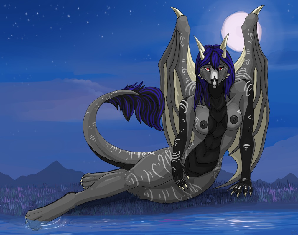 anthro azla blue_hair breasts claws dragon e621 female hair horn looking_at_viewer membrane_(anatomy) membranous_wings mythological_creature mythological_scalie mythology nipples non-mammal_breasts non-mammal_nipples nude red_eyes reputed scalie solo tail wings