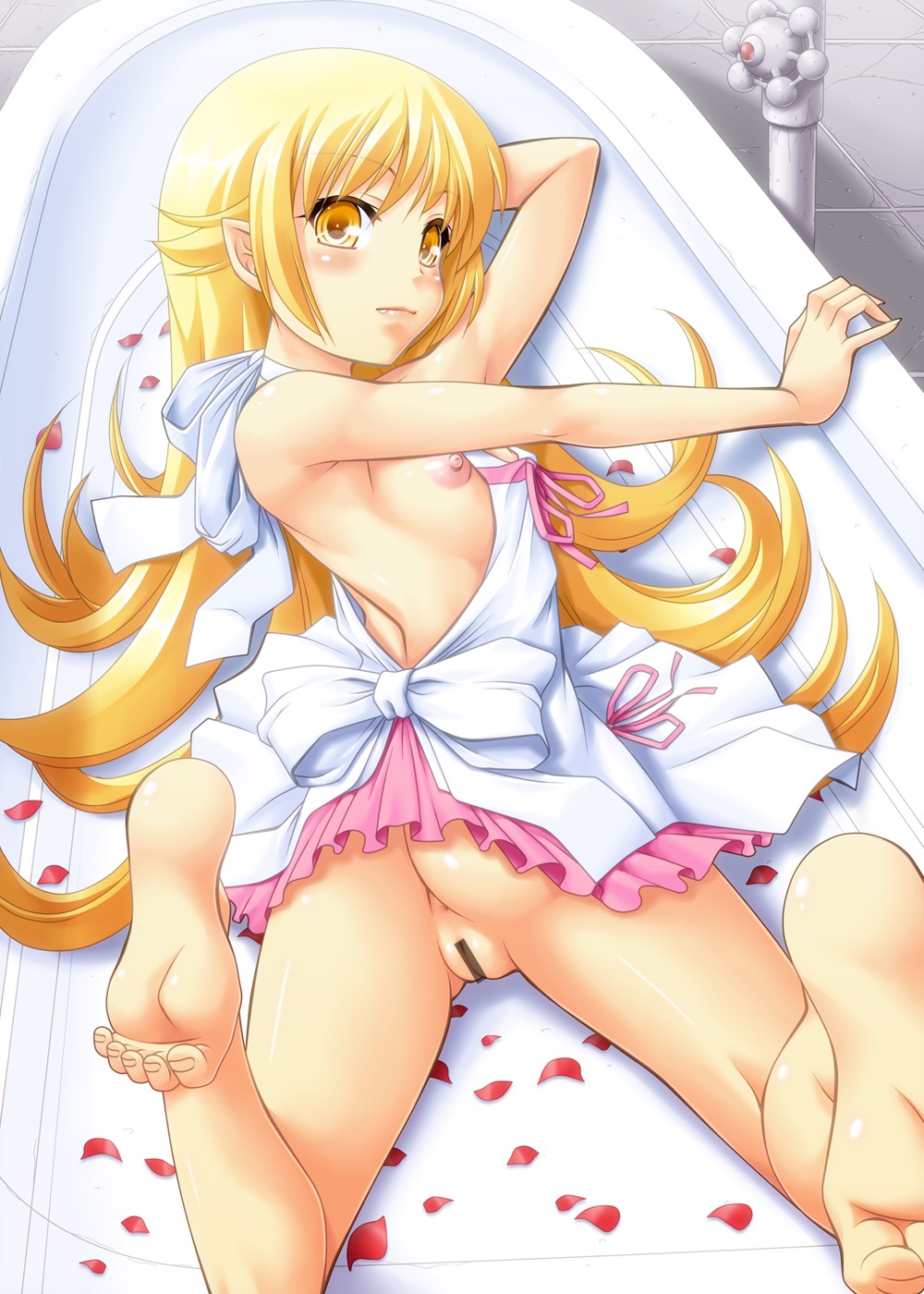 ass ayato bare_shoulders barefoot bathtub blonde_hair blush breasts censored cute_fang dress female highres long_hair looking_at_viewer looking_back lying monogatari_(series) nipples nisemonogatari no_panties oshino_shinobu petals pointless_censoring pointy_ears pussy ribbon rule34 sideboob small_breasts smile solo yellow_eyes