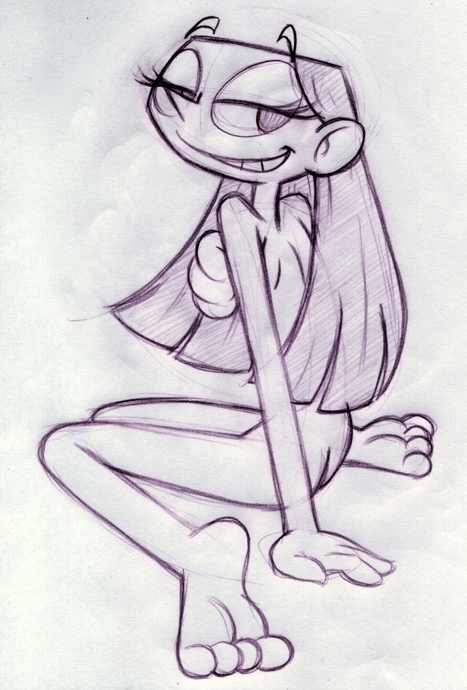 ass cartoon_network covering_chest dee_dee_(dexter's_laboratory) dexter's_laboratory female female_only huge_eyes human king-cheetah looking_aside monochrome nude rule34 side_view sitting smile solo tagme toony wide_head