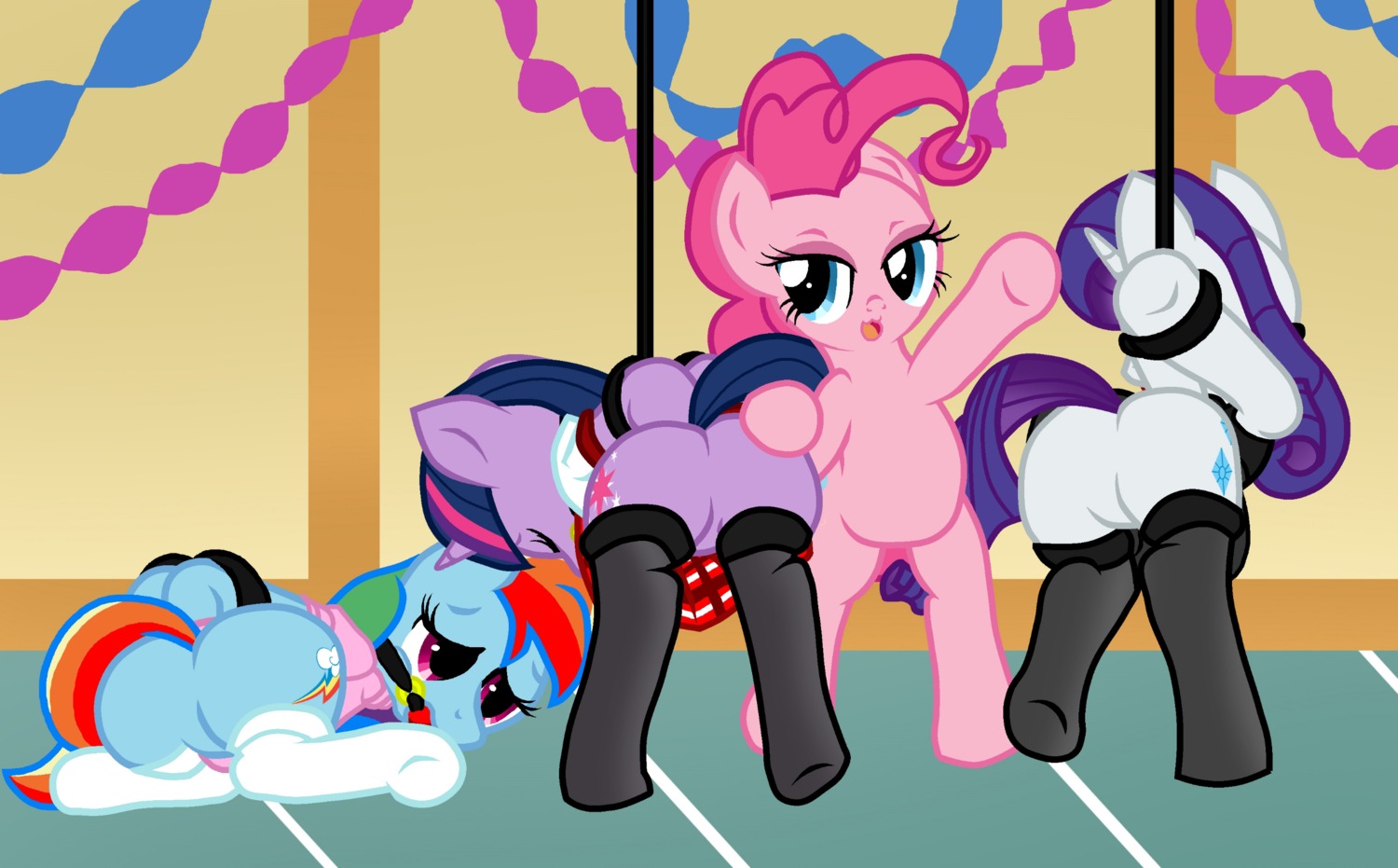 ball_gag bdsm blue_body blue_eyes blue_fur bondage bound butt clothing cutie_mark dominant dominant_female dress e621 earth_pony equid equine female female/female feral friendship_is_magic fur gag gagged group hair hasbro hi_res horn horse legwear long_hair looking_at_viewer looking_back mammal multicolored_hair my_little_pony mythological_creature mythological_equine mythology nurse party pink_hair pinkie_pie_(mlp) pony purple_body purple_eyes purple_fur purple_hair pyruvate quadruped rainbow_dash_(mlp) rainbow_hair rarity_(mlp) short_dress stockings submissive submissive_female tail twilight_sparkle_(mlp) two_tone_hair unicorn
