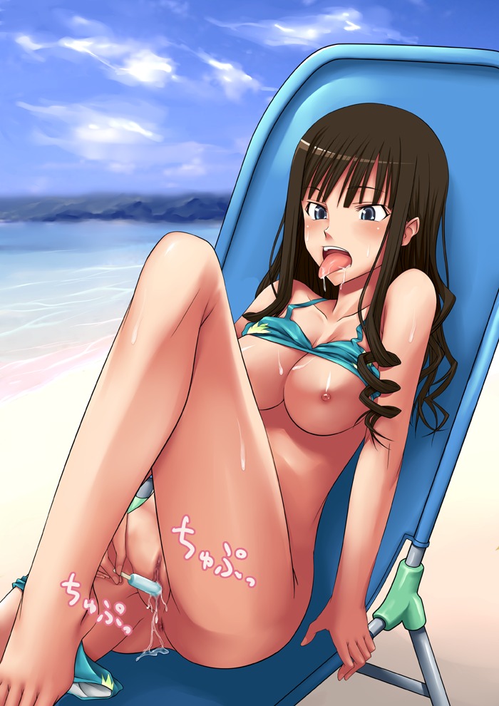 anus barefoot beach bikini bikini_lift blush breasts brown_hair drooling female food_insertion hamihe human insertion lounge_chair masturbation morishima_haruka nipples popsicle popsicle_in_pussy popsicle_insertion pussy ringlets rule34 saliva sky solo swimsuit tongue uncensored vaginal_penetration water