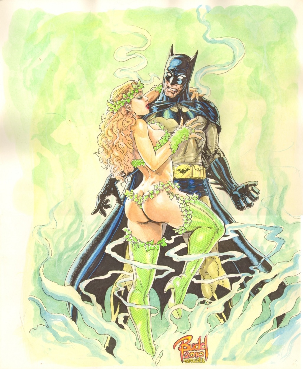 1boy 1girls 2010 ass batman batman_(bruce_wayne) batman_(series) bruce_wayne budd_root color colored curvy dc dc_comics exposed_ass female long_hair male orange_hair pamela_isley paralyzed poison_ivy redhead rule34 seducing superhero traditional_media_(artwork) uncensored