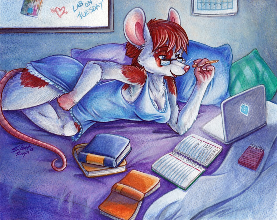 2013 anthro bed blue_eyes book brown_body brown_fur brown_hair calendar computer e621 electronics eyewear female fingering fingering_self fur furniture glasses hair inside laptop mammal masturbation mouse murid murine on_bed pencil_(object) pillow rodent silentravyn solo traditional_media_(artwork) vaginal vaginal_fingering vaginal_masturbation white_body white_fur