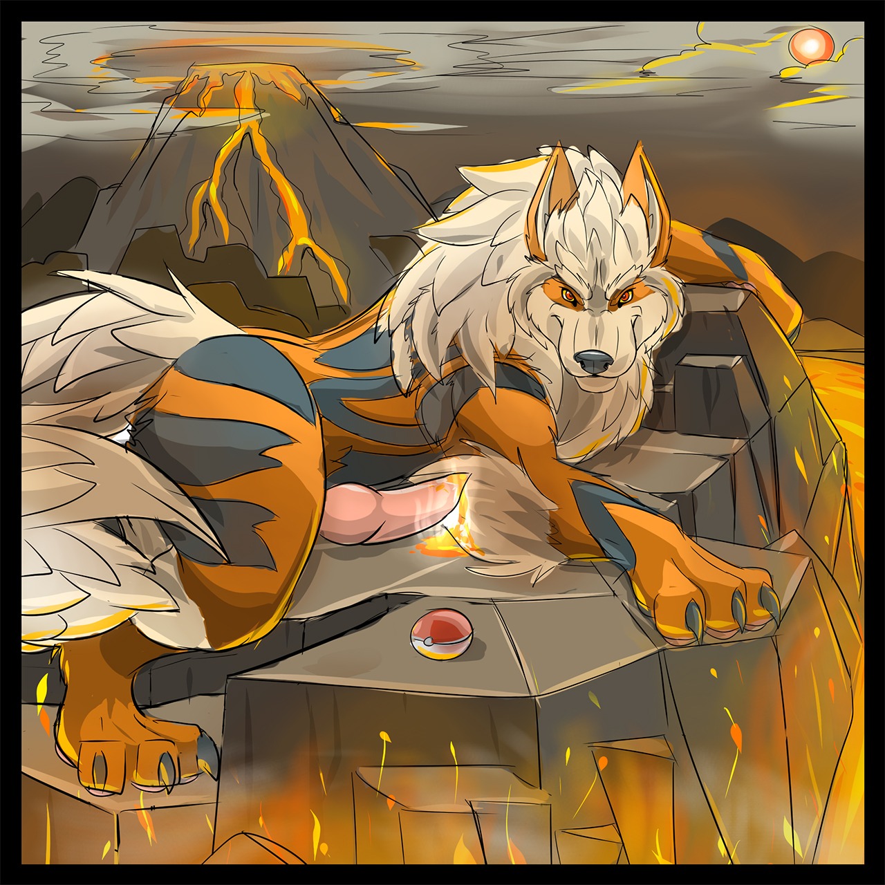 1:1 animal_genitalia animal_penis arcanine berymuch bodily_fluids canid canine canine_genitalia canine_penis cloud cum detailed_background e621 erection feral fur generation_1_pokemon genital_fluids genitals hi_res knot lava lava_cum looking_at_viewer lying male mammal markings nintendo nude on_front outside penis pokeball pokemon pokemon_(species) pose sky solo standard_pokeball unusual_bodily_fluids unusual_cum unusual_genital_fluids volcano
