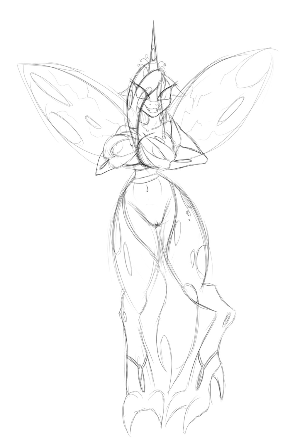 2013 anthro anthrofied arthropod big_breasts biped black_and_white breasts changeling_(mlp) digital_drawing_(artwork) digital_media_(artwork) e621 evil_grin evil_look female friendship_is_magic genitals hair hasbro hi_res hole_(anatomy) horn insect_wings jrvanesbroek looking_at_viewer monochrome my_little_pony navel nipples pupils queen_chrysalis_(mlp) simple_background sketch slit_pupils smile solo standing vulva white_background wings