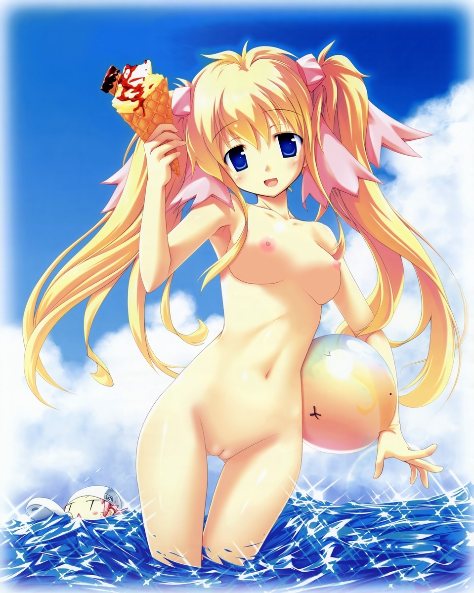 2girls absurd_res absurdres ball_(object) blonde_hair blue_eyes chibi cloud completely_nude day doumyouji_sakura exhibitionism female food fue_(tsuzuku) hi_res highres holding ice_cream kino_kyouka long_hair multiple_females multiple_girls naked navel nude nude_female ocean photoshop_(medium) ribbon rococoworks rule34 sparkle tankini thigh_gap twintails volume7 water