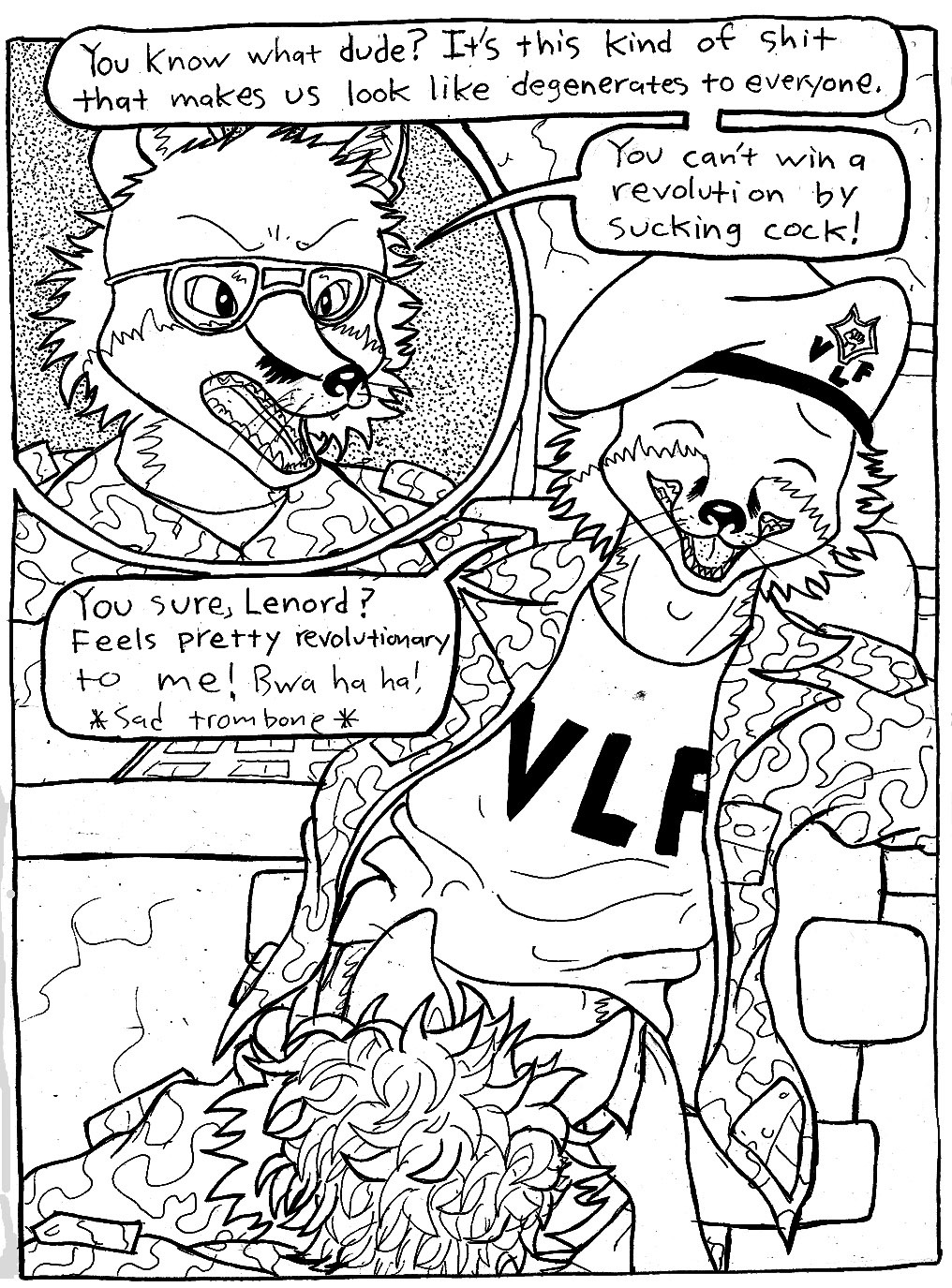 2014 anthro black_and_white canid canine comic dialogue e621 english_text fellatio fox fur group hair hi_res male male/male male_penetrated male_penetrating male_penetrating_male mammal monochrome multiple_scenes oral penetration penile profanity sex teeth text triadfox