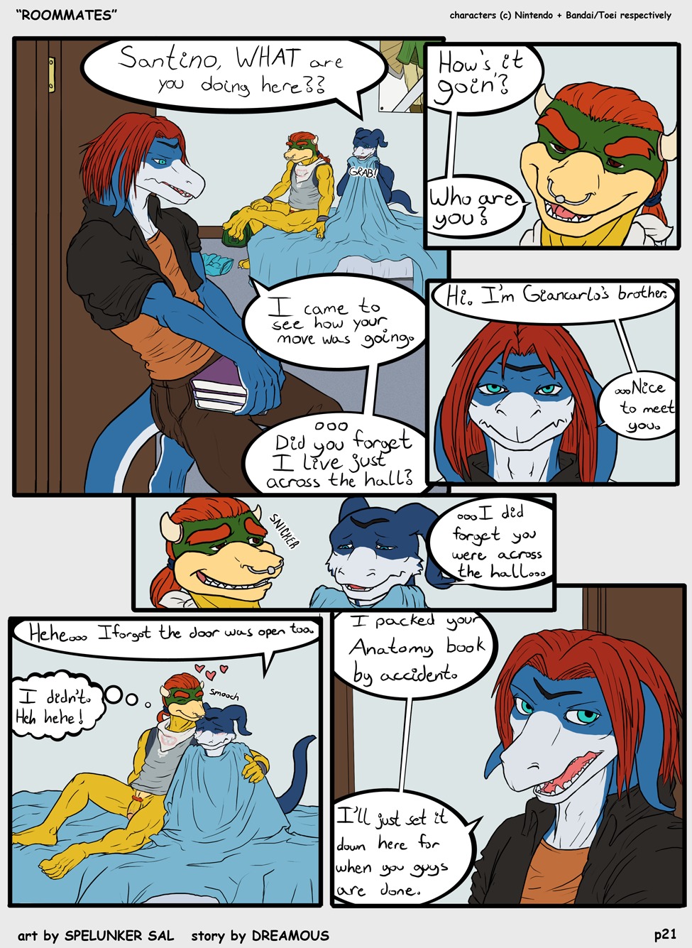 <3 anthro bandai bed bowser_koopa_junior_(roommates) comic cuddling digimon dreamous_(writer) duo flamedramon furry furry_only giancarlo_rosato humanoid_genitalia humanoid_penis koopa male male_only mario_(series) nintendo open_mouth penis roommates_(comic) rule34 scalie sheets smile spelunker_sal straight_hair