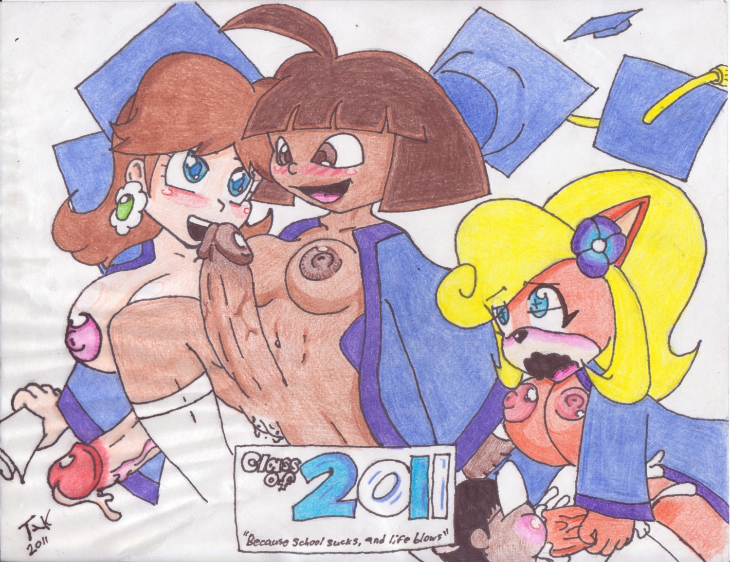 2011 3futas anthro bandicoot breasts brown_eyes brown_hair coco_bandicoot color crash_bandicoot_(series) crossover dark-skinned_female dark_skin dora_marquez dora_the_explorer fellatio female fur furry futanari human intersex interspecies latina mammal mario_(series) marsupial multiple_intersex nickelodeon nintendo oral princess_daisy rule34 short_hair takumi traditional_media_(artwork)