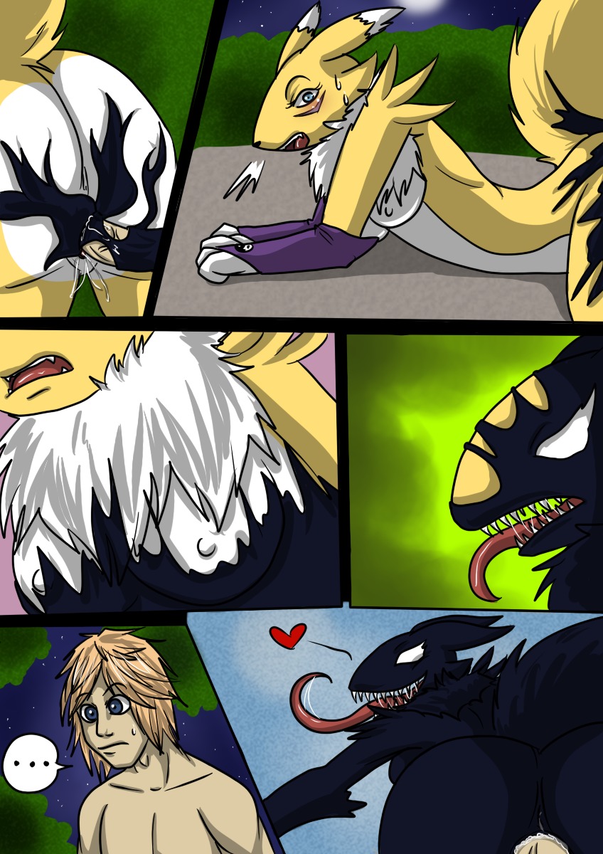 anthro bandai_namco black_body breasts canid canine clothing digimon digimon_(species) duo e621 eente female fur genitals hi_res human mammal marvel renamon symbiote tail transformation underwear venamon venom_(marvel) vulva white_body white_fur yellow_body yellow_fur