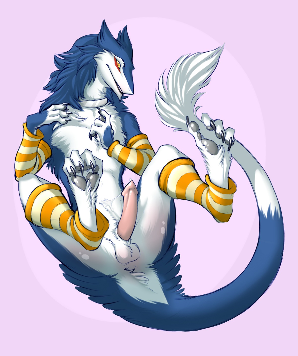 anatomically_correct anatomically_correct_genitalia anatomically_correct_penis animal_genitalia anthro anus arm_warmers armwear balls blush bodily_fluids butt claws clothing collar cum curved_penis e621 erection femboy genital_fluids genitals hi_res kyander leg_warmers legwear looking_at_viewer male mammal markus_(dowantanaccount) nude pattern_armwear pattern_clothing pattern_legwear penis sergal sergal_penis sheath simple_background solo spottyjaguar spread_legs spreading striped_armwear striped_clothing striped_legwear stripes tail tapering_glans