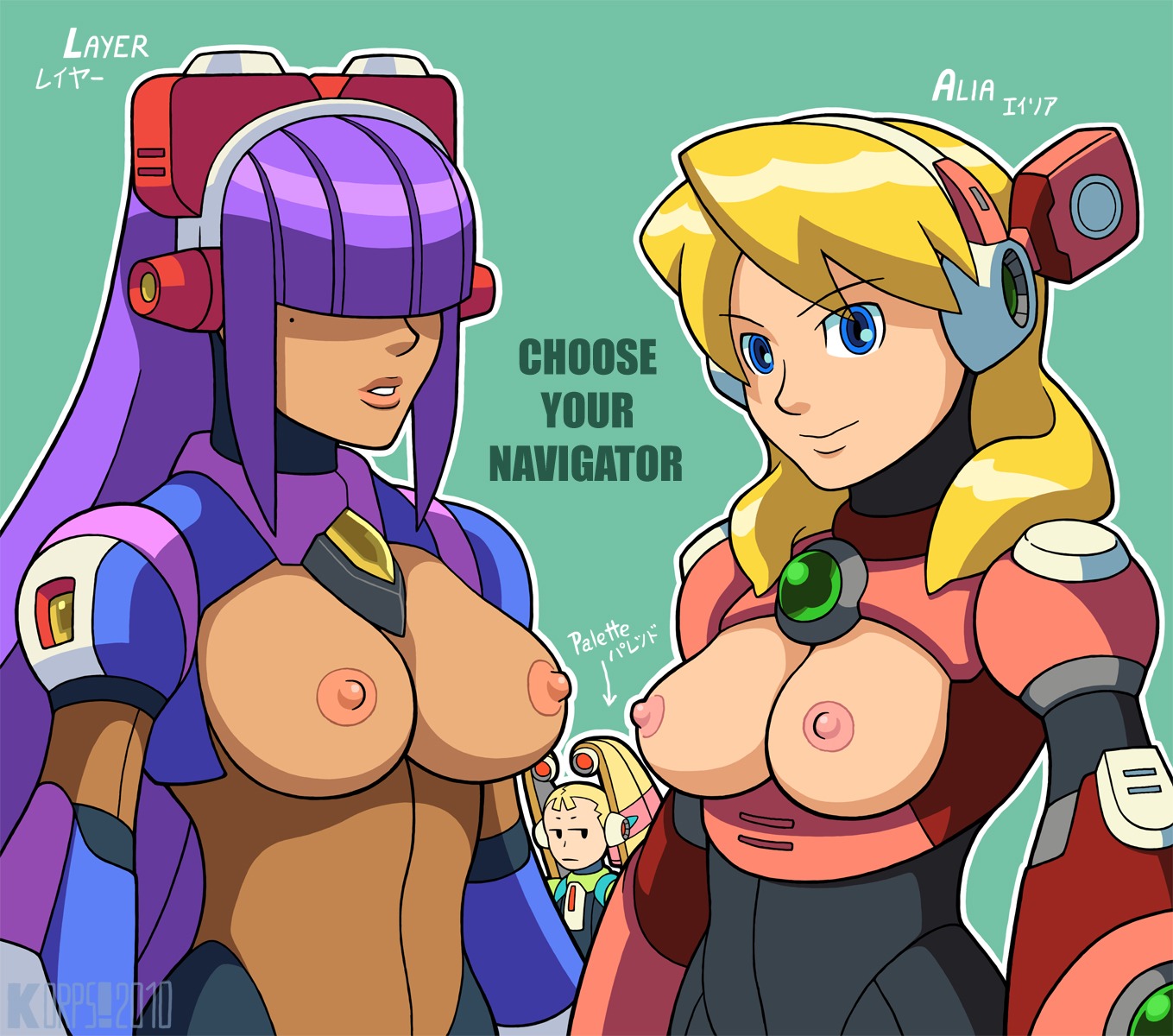 3girls alia android bangs beauty_mark blonde_hair blue_eyes breasts capcom clothed exposed_breasts female female_only hair_over_eyes hime_cut layer lip mega_man mega_man_x mole mole_under_eye multiple_females multiple_girls nipples pallette partially_clothed purple_hair reploid rule34