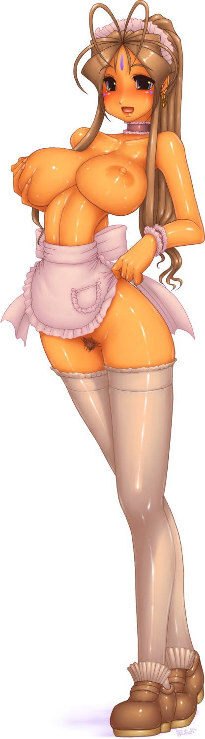 1girls apron belldandy blush breast_grab breasts brown_hair collar earrings facial_markings female goddess jewelry large_breasts light-skinned_female light_skin long_hair mashitaka naked_apron nipples nude oh_my_goddess! pubic_hair pussy rule34 shiny shoes standing stockings thighhighs topless very_long_hair wide_hips