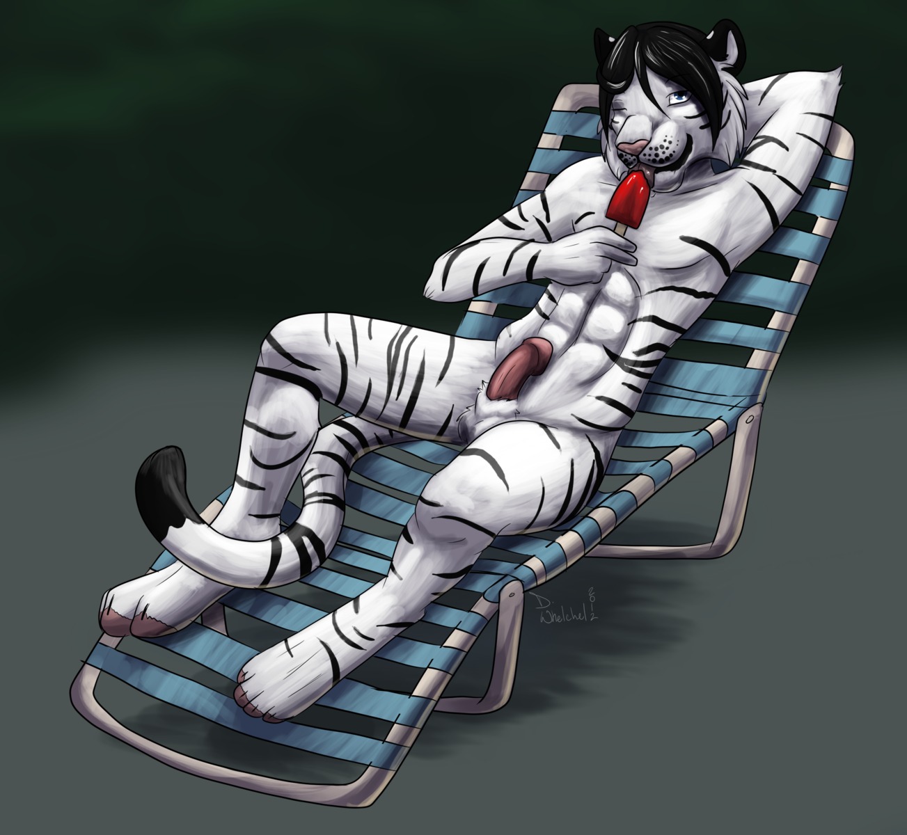 2012 anthro balls biceps big_muscles chair e621 erection felid food fur furniture genitals hi_res humanoid_genitalia humanoid_penis keldrin leucistic licking looking_at_viewer lounge_chair male mammal muscular muscular_anthro muscular_male nude one_eye_closed pantherine penis popsicle solo stripes tail tiger tongue tongue_out unknown_artist wink