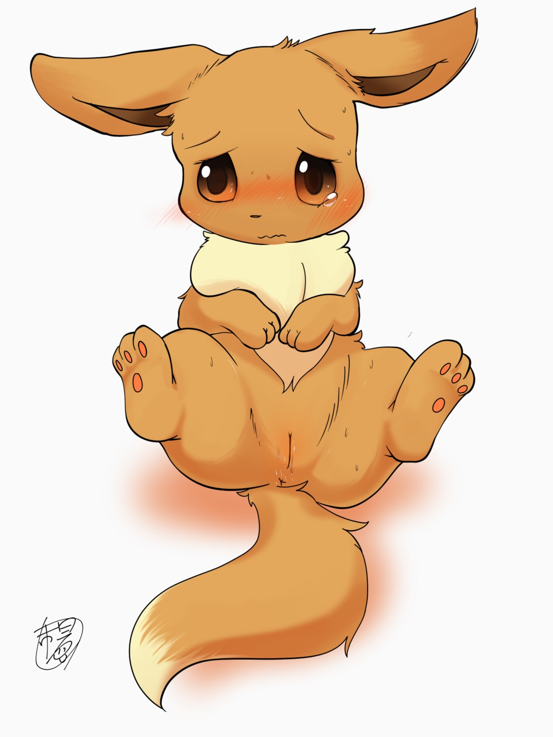 2013 3:4 3_toes anus black_nose blush bodily_fluids brown_body brown_eyes brown_fur butt canid canine crying e621 eevee eyelashes feet female feral frown fur generation_1_pokemon genital_fluids genitals hi_res looking_at_viewer m@rt mammal nintendo nude pawpads paws pokemon pokemon_(species) presenting presenting_hindquarters presenting_vulva raised_leg simple_background sitting solo spread_legs spreading sweat tail tan_body tan_fur tears toes vaginal_fluids vulva wet white_background young young_female young_feral