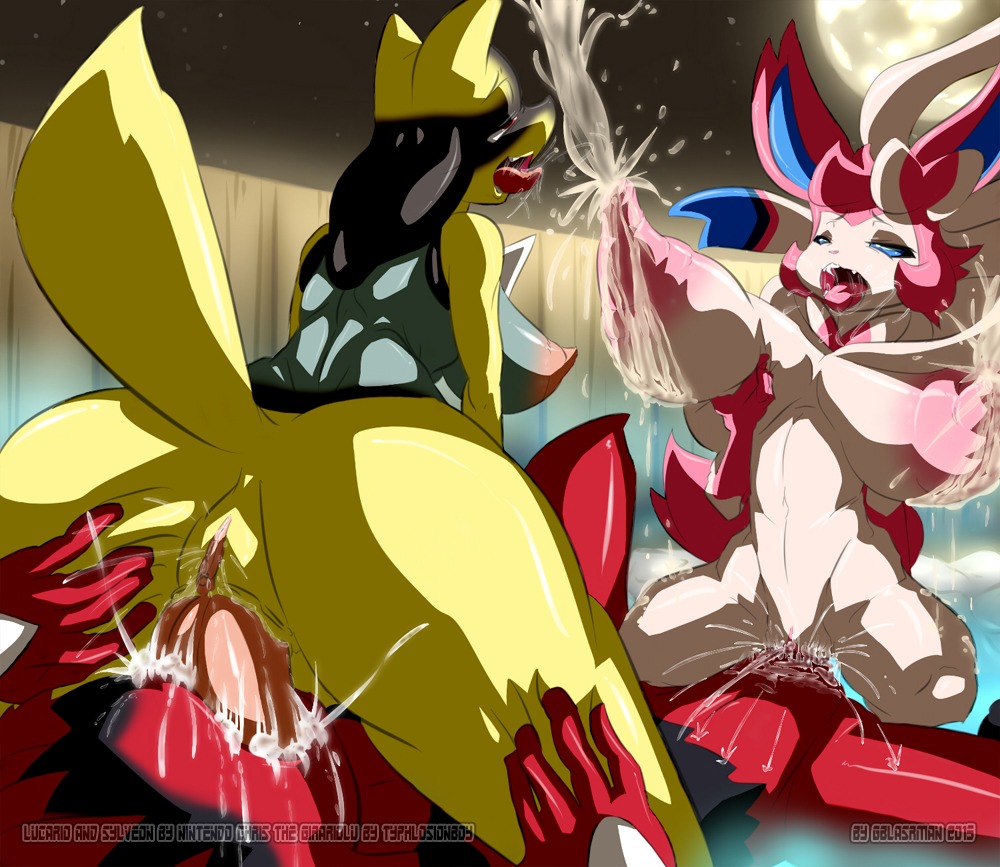 2013 accessory anthro anthrofied big_breasts big_butt big_nipples blue_eyes bodily_fluids bow_ribbon breasts butt canid canine chris_(typhlosionboy) cunnilingus digital_media_(artwork) e621 eeveelution erection fellatio female fur gblastman generation_4_pokemon generation_6_pokemon genital_fluids genitals glistening group hair_accessory hair_bow hair_ribbon herm herm/male intersex intersex/male lactating lucario male male/female mammal milk moon narrowed_eyes night nintendo nipples open_mouth oral orgasm outside penile penis pokemon pokemon_(species) pokemorph red_eyes ribbons sackless saliva sex shaded shadow shiny_pokemon sitting spikes spread_legs spreading squint sylveon tail tongue tongue_out vaginal vaginal_fluids vulva yellow_body yellow_fur