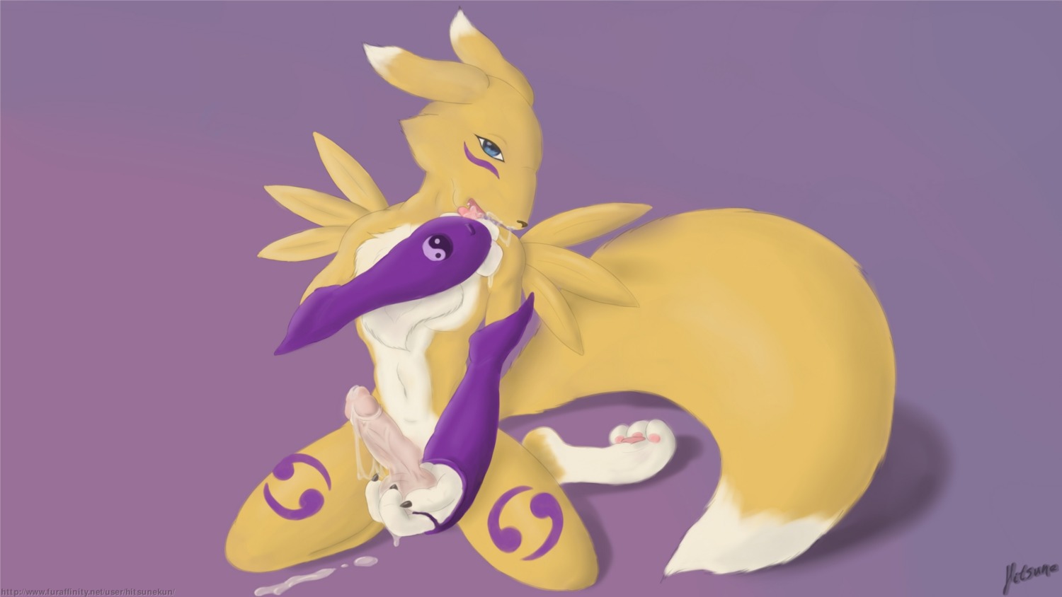 16:9 anthro armwear balls bandai_namco blue_eyes bodily_fluids bridal_gauntlets canid canine chest_tuft claws clothing cum digimon digimon_(species) e621 elbow_gloves erection facial_markings fur genital_fluids genitals gloves handwear head_markings hi_res hitsunekun humanoid_genitalia humanoid_penis licking looking_at_viewer male mammal markings mostly_nude penis renamon solo tail text tongue tongue_out tuft url white_body white_fur widescreen yellow_body yellow_fur