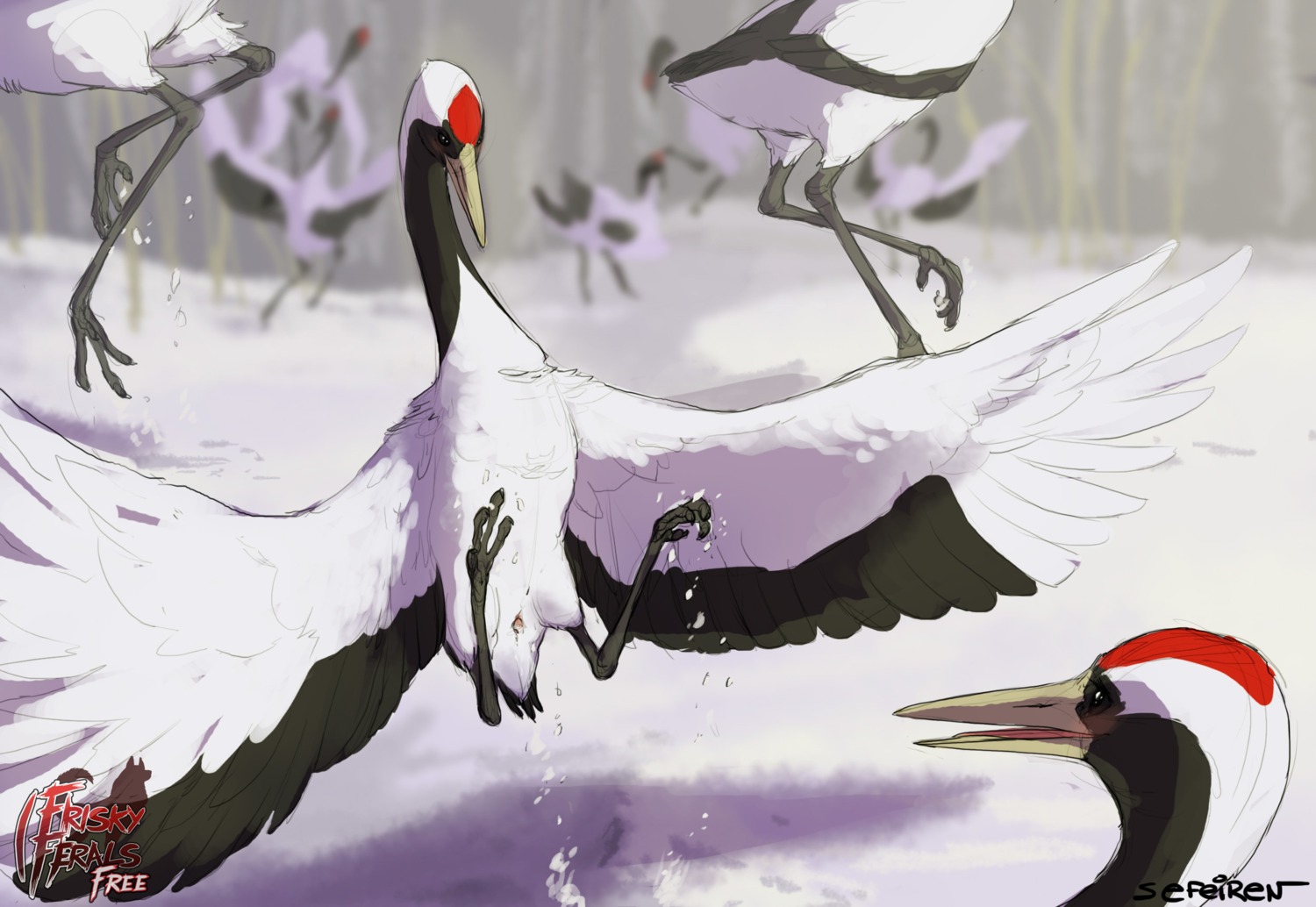 2013 ambiguous_gender animal_genitalia avian avian_butt avian_feet beak bird black_eyes blush claws cloaca conditional_dnp crane_(bird) duo_focus e621 feathers female feral frisky_ferals genitals group gruiform grus_(genus) hi_res long_neck open_mouth outside red-crowned_crane sefeiren snow the_twelve_days_of_christmas_(song) tongue