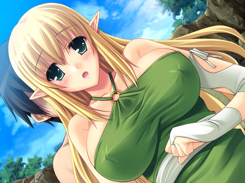 blonde_hair blush breasts bridal_gauntlets clothing elf erect_nipples erect_nipples_under_clothes female game_cg green_eyes huge_breasts large_breasts long_hair nipples pointy_ears rule34 team-tanabe tiffania_westwood zero_no_tsukaima