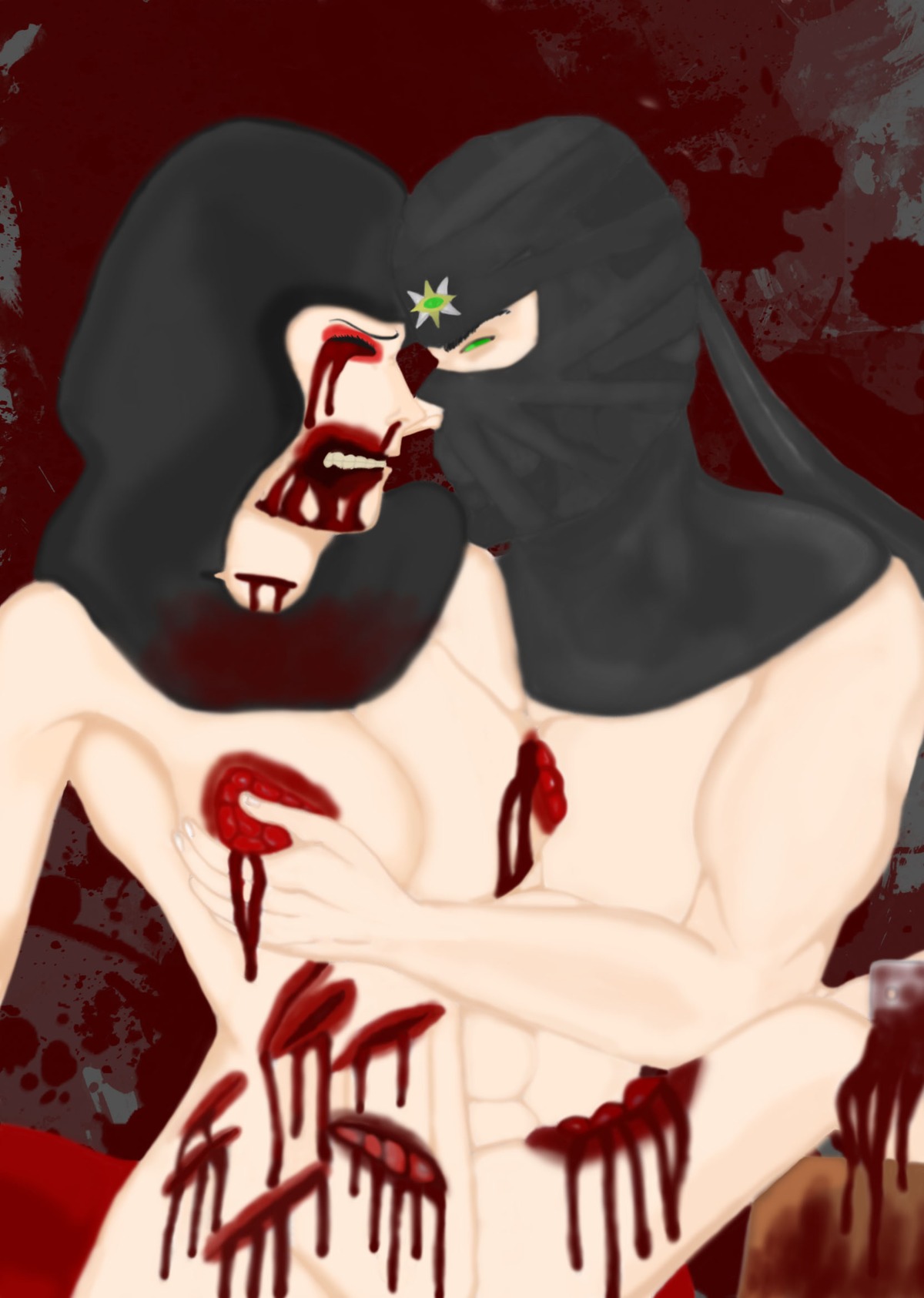 1boy 1girls artist_request beige_skin bleeding blood blood_stain breasts color ermac female gore guro hood incision injury male mask mortal_kombat multiple_females noob_saibot red_blood rule34 rule_63 tagme uncensored wound