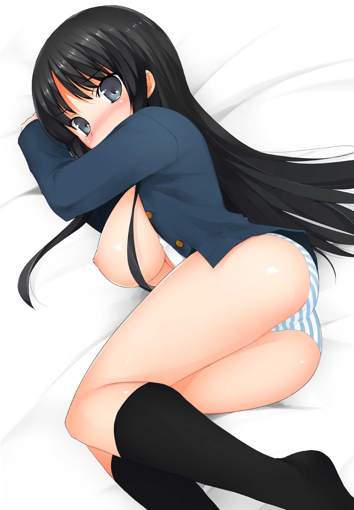 black_hair blue_eyes female female_only human human_only k-on! long_hair mio_akiyama_(k-on!) panties rule34 solo striped striped_panties