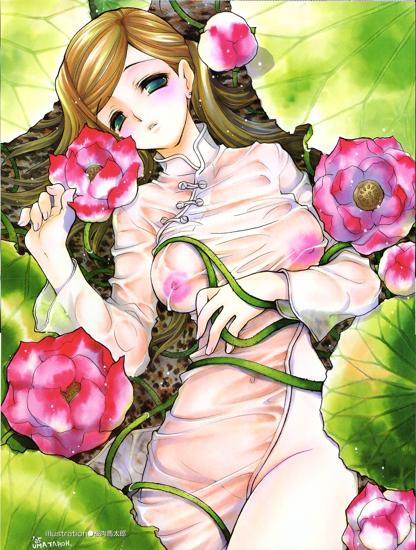 blue_eyes brown_hair chinadress dress female flower nipples nipples_visible_through_clothing no_bra no_panties on_back oppai rule34 sakuraniku_umatarou see-through vines wet_clothes wet_dress