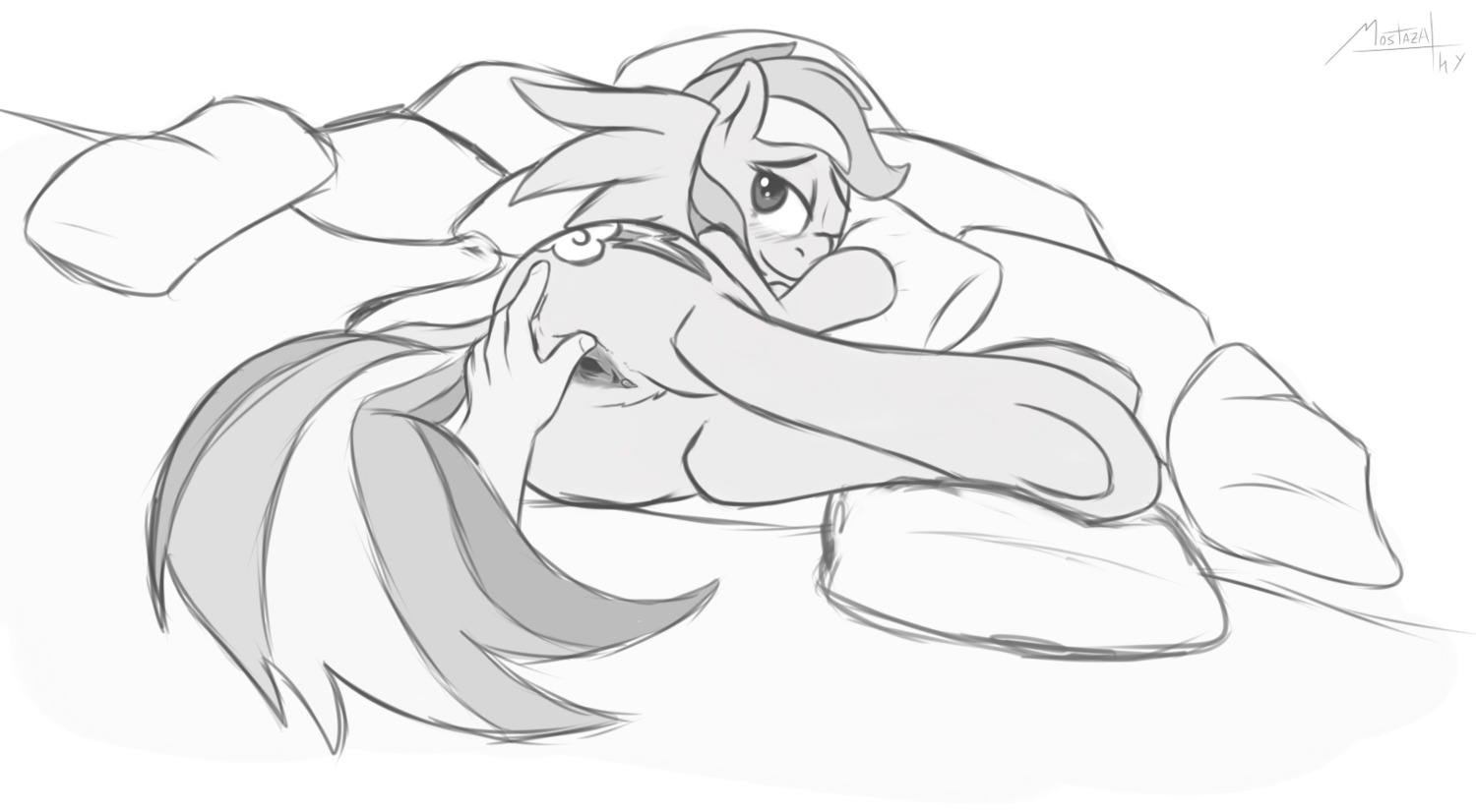 2013 blush butt cutie_mark duo e621 equid equine female feral friendship_is_magic genitals hasbro hi_res lying mammal monochrome mostazathy my_little_pony mythological_creature mythological_equine mythology on_side one_eye_closed pegasus pillow rainbow_dash_(mlp) solo_focus vulva wings